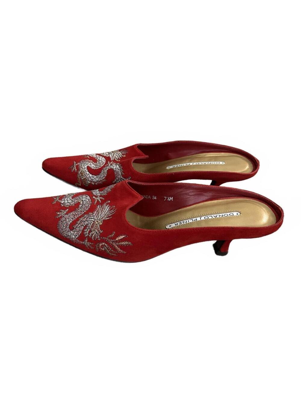 Donald J Pliner Red Suede Embroidered Mule Heels Size 7M